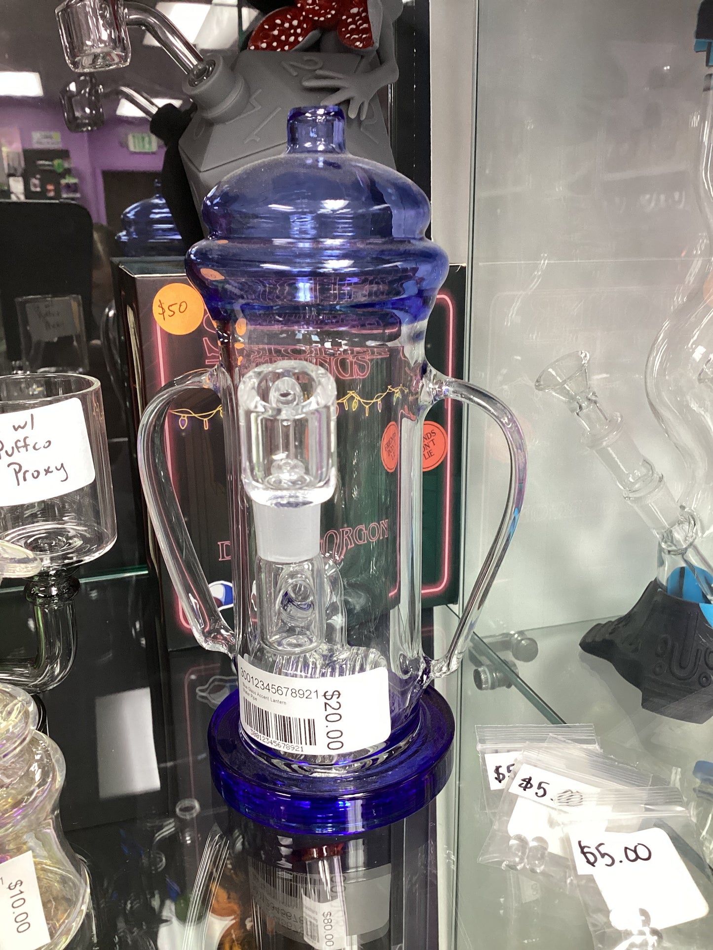Blue glass accent lantern water rig