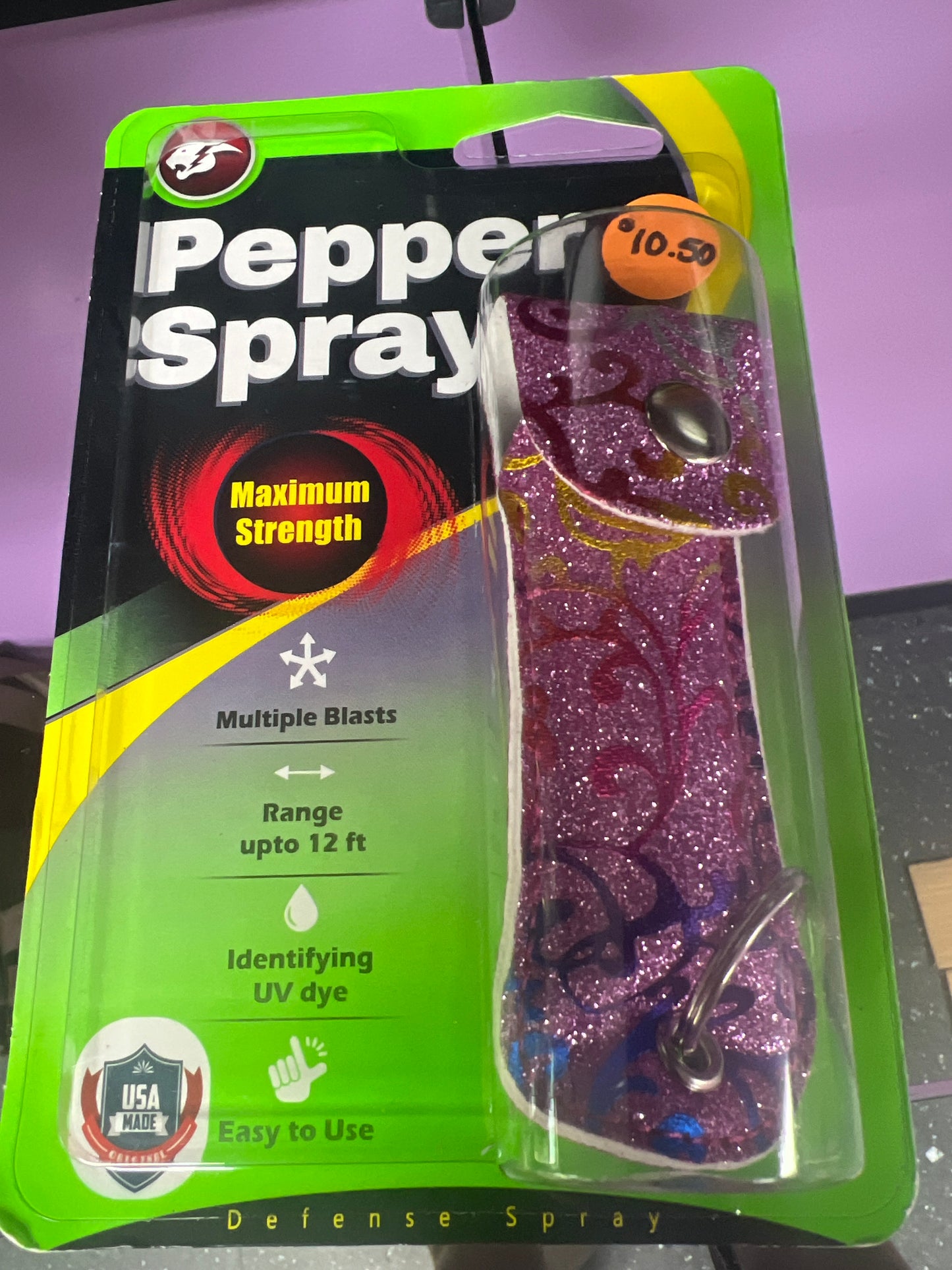 Cheetah Pepper Spray with Keychain Holder - Glitter Purple