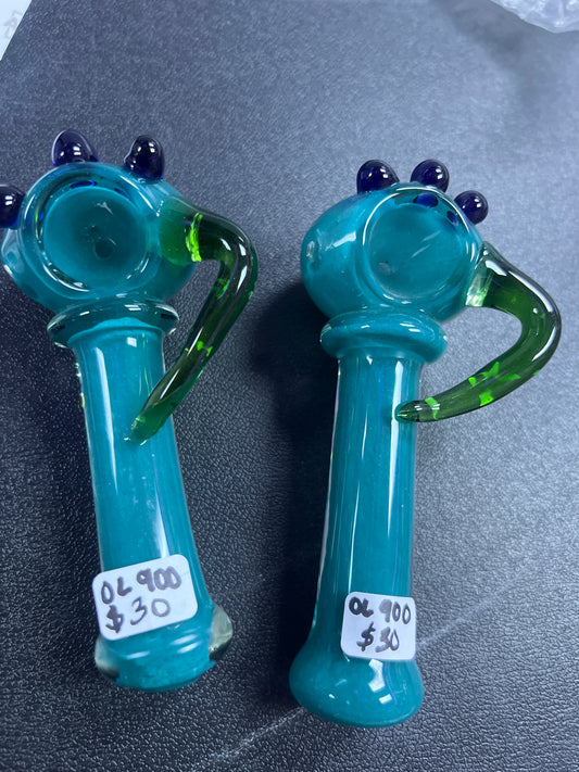 Teal hand pipe with bead and horn accent